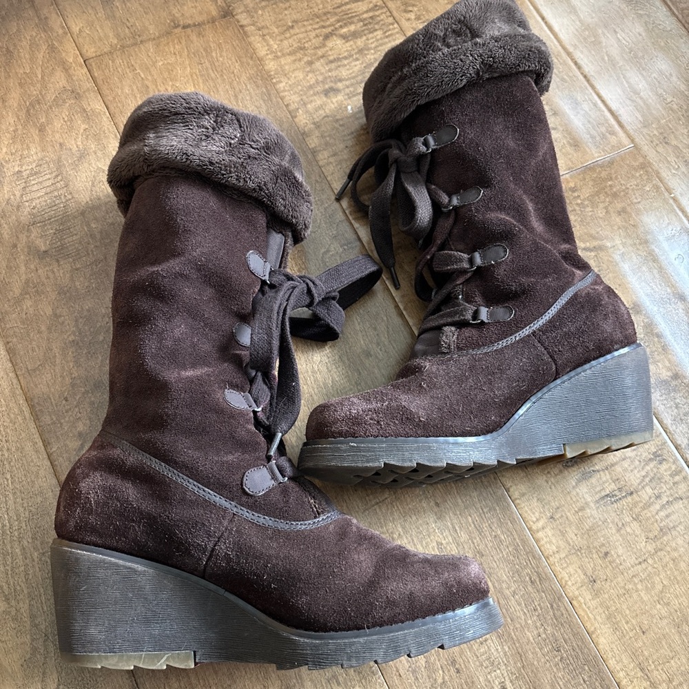 Brown Suede London Fog Wedge Boots